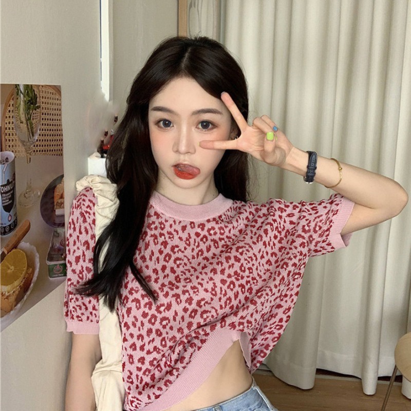 2023 New Style Summer Influencer bm Cropped Short Top Clothes Knitted Pink  Leopard Print Short-Sleeved T-Shirt Female ins Tren | Shopee Philippines