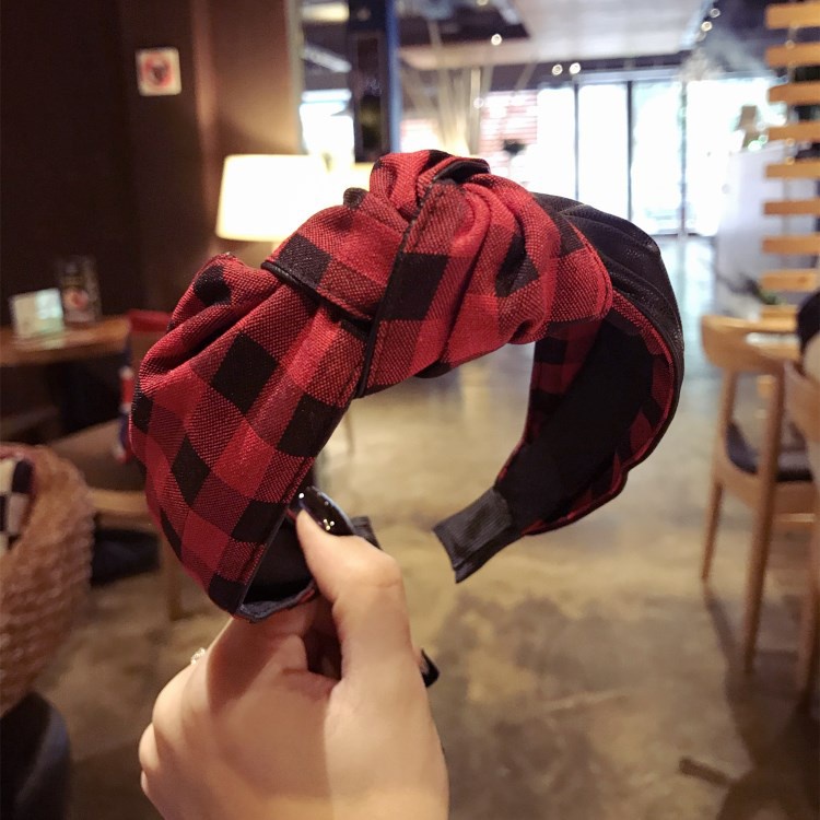 Japan and South Korea new quality hair accessories imitation leather PU patchwork plaid hair hoop with knot in the middle, bow knot headband for women’s versatile hair accessories