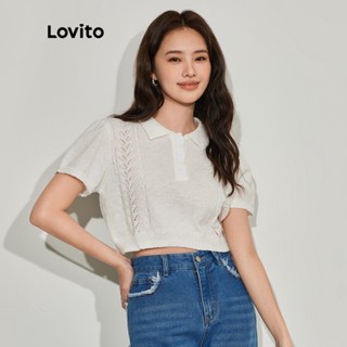Lovito Casual Plain Button Front Polo Neck Collar Short Sleeves Knit Top L45ED015 (White)