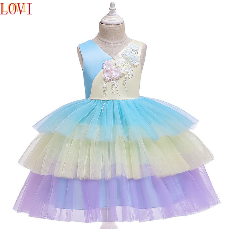 LOVI BABY New Style Unique Design Children's Clothing Color Matching Cake Princess Dress Middle Small Children Bow Performance Costume