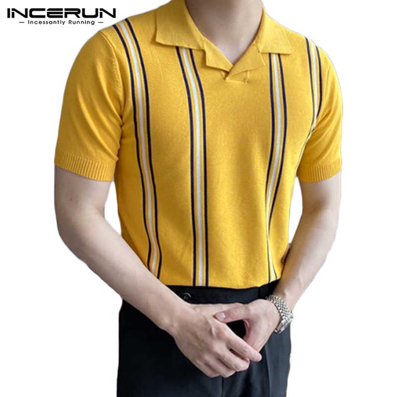 INCERUN Striped casual knit lapel top POLO Shirts | Shopee Philippines