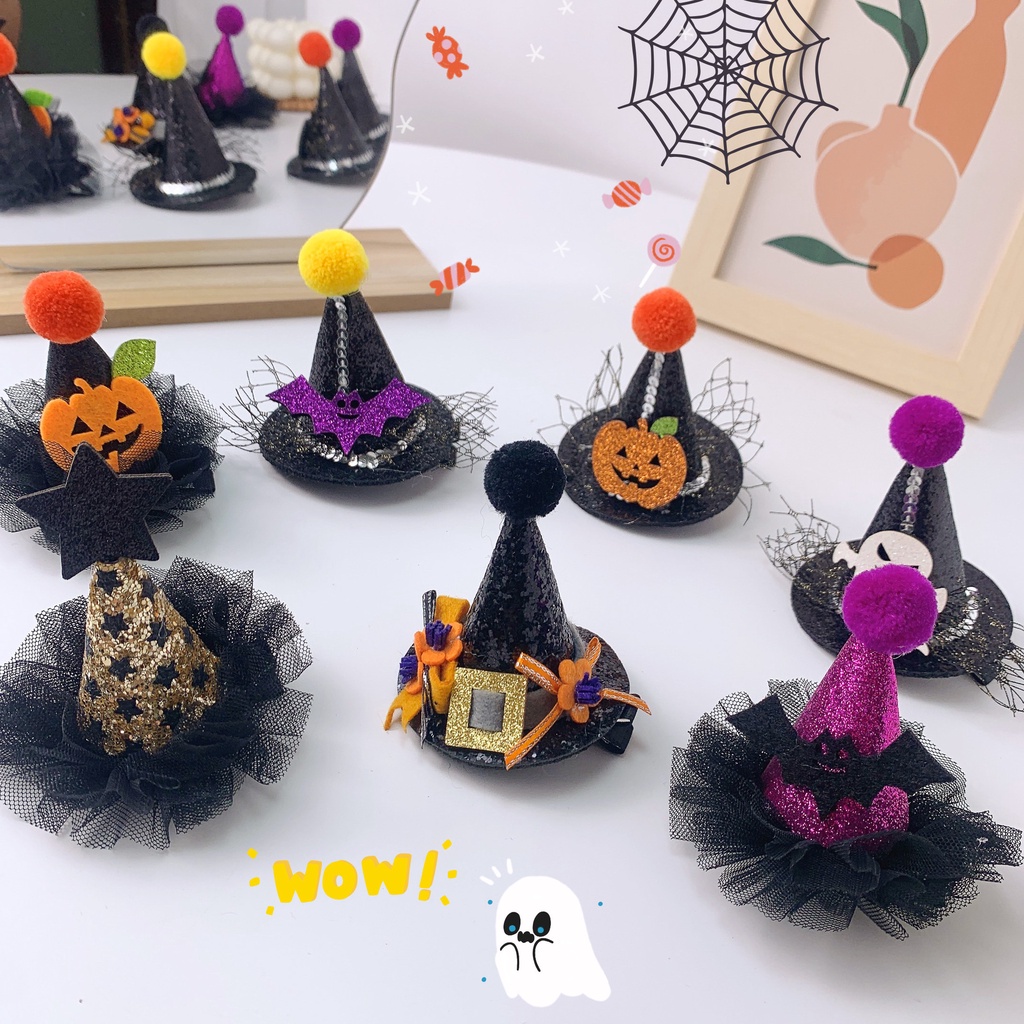 Halloween Mini Witch Hats Hair Clip Woman Lace Lace Bat Hat Hairpin Shiny Skull Ghost Funny Duckbill Clip Hair Accessories