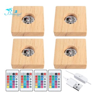 4 Pcs Wooden LED Night Light Base Lighted Display Lamp Base Stand with Remote Control for 3D Crystal Glass Art