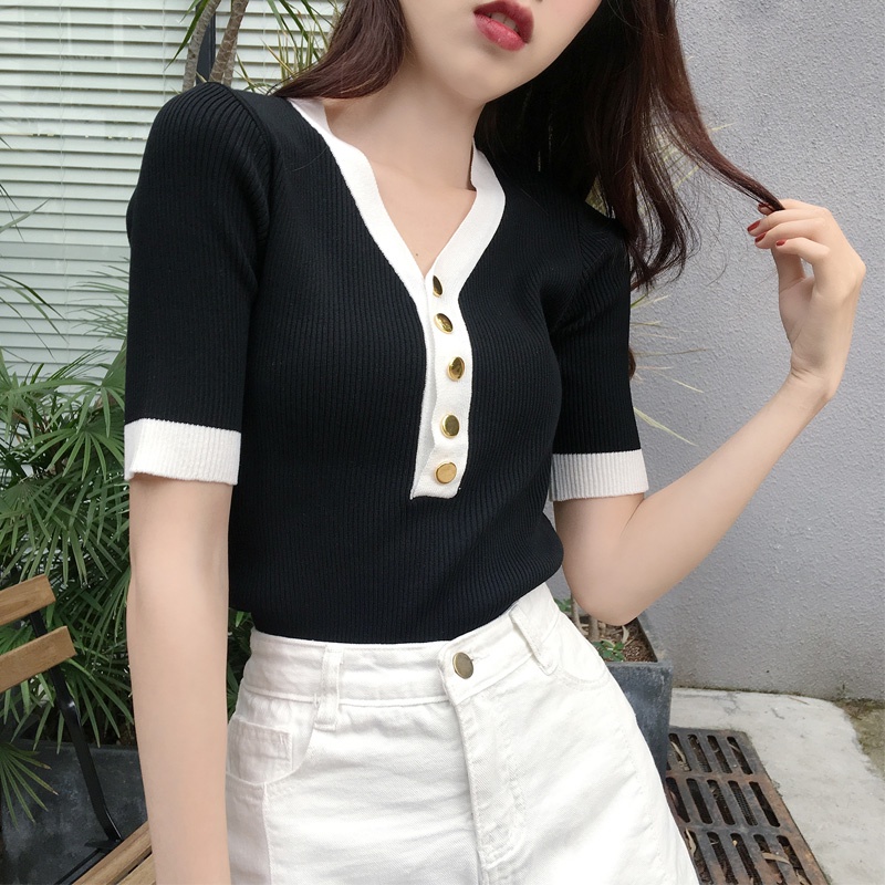 2023 Summer New V-Neck Button Knit Top Slim Fit Short Sleeve