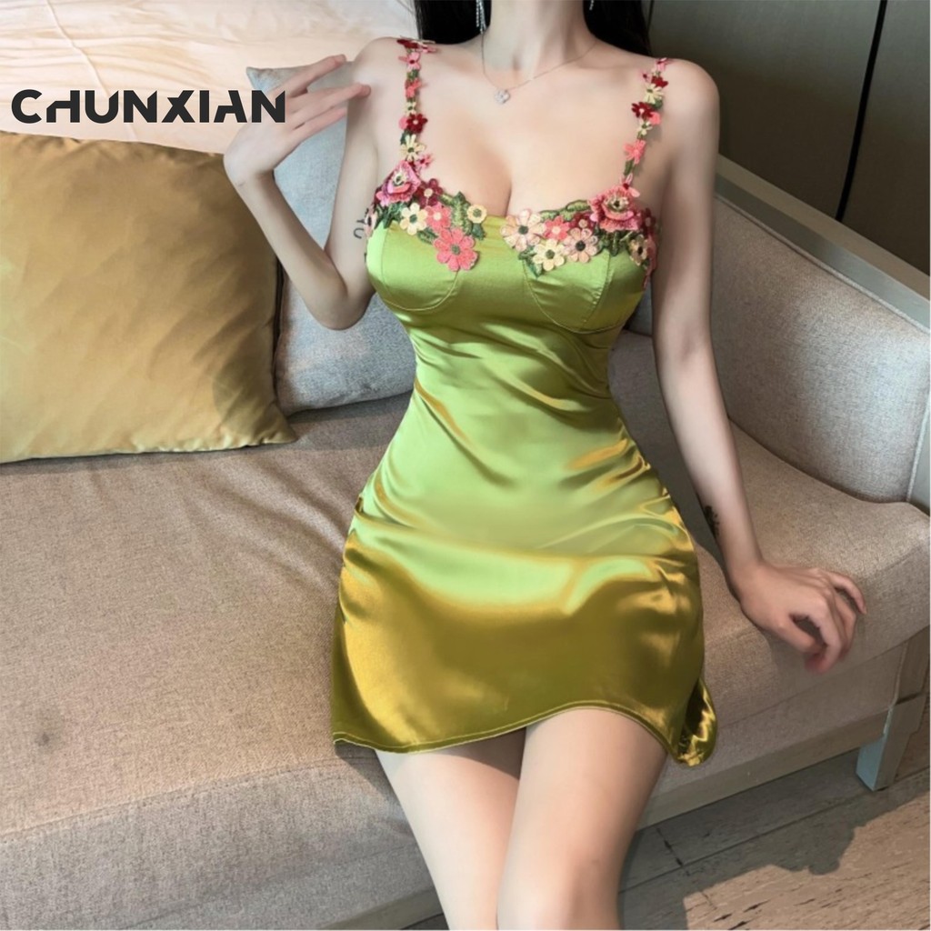 150kg Plus Size FatmmFrench Style Temperament Sexy Backless Slim-Fit Figure Flattering Embroidered Slip Top Green Embroidery Dress