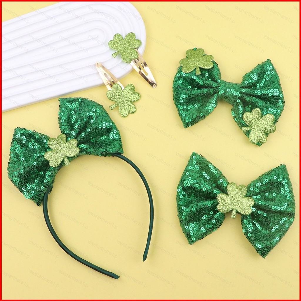 Jason St Patricks Day bowknot hair hoop green sequin clover Ireland hairpin alligator clip ornaments