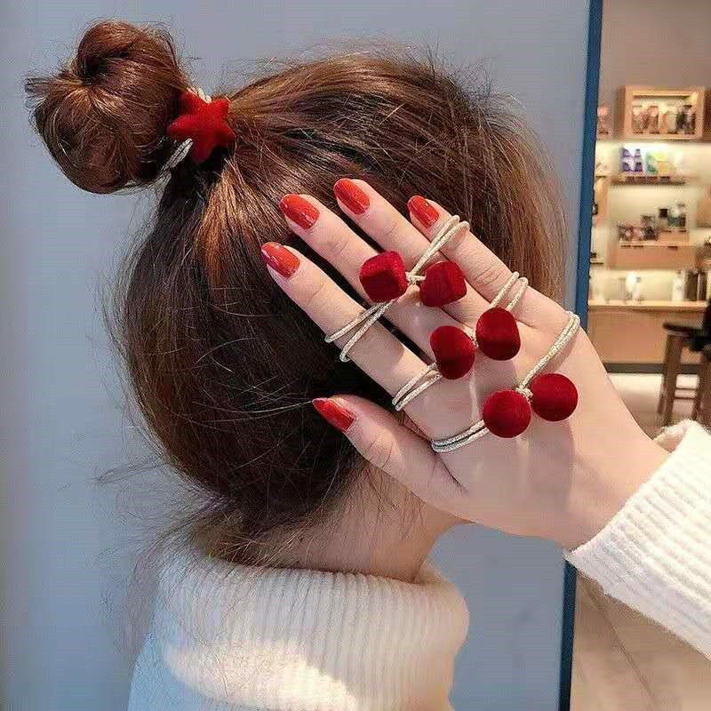 Hot Sale#Red New Year’s Birthday Ball Tie Hair Rope Korean Style Student Rubber Band High Elastic Hair Band Female Ponytail Jewelry Gift RX11