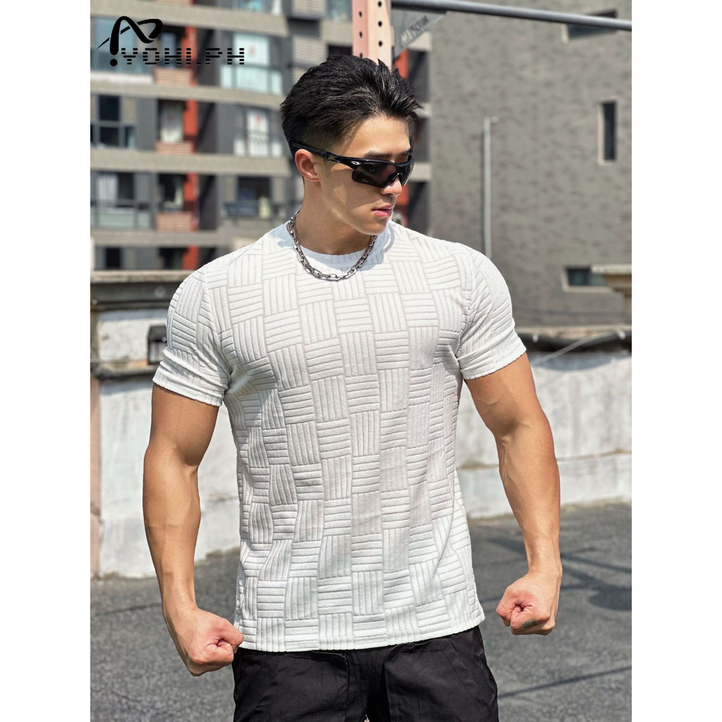 New Waffle Fashion Trend Collar Round tshirt for men Embossed Fabric - Image 3