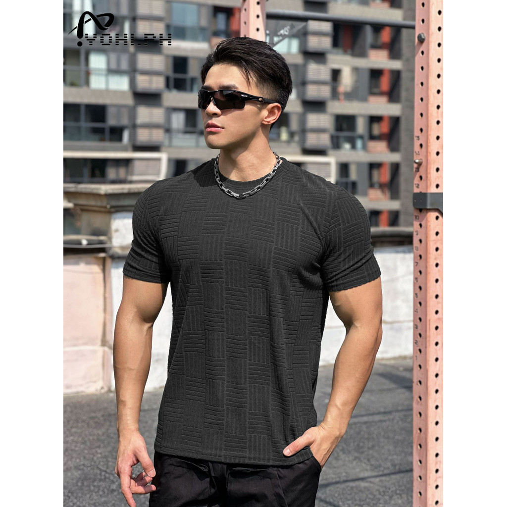 New Waffle Fashion Trend Collar Round tshirt for men Embossed Fabric - Image 2