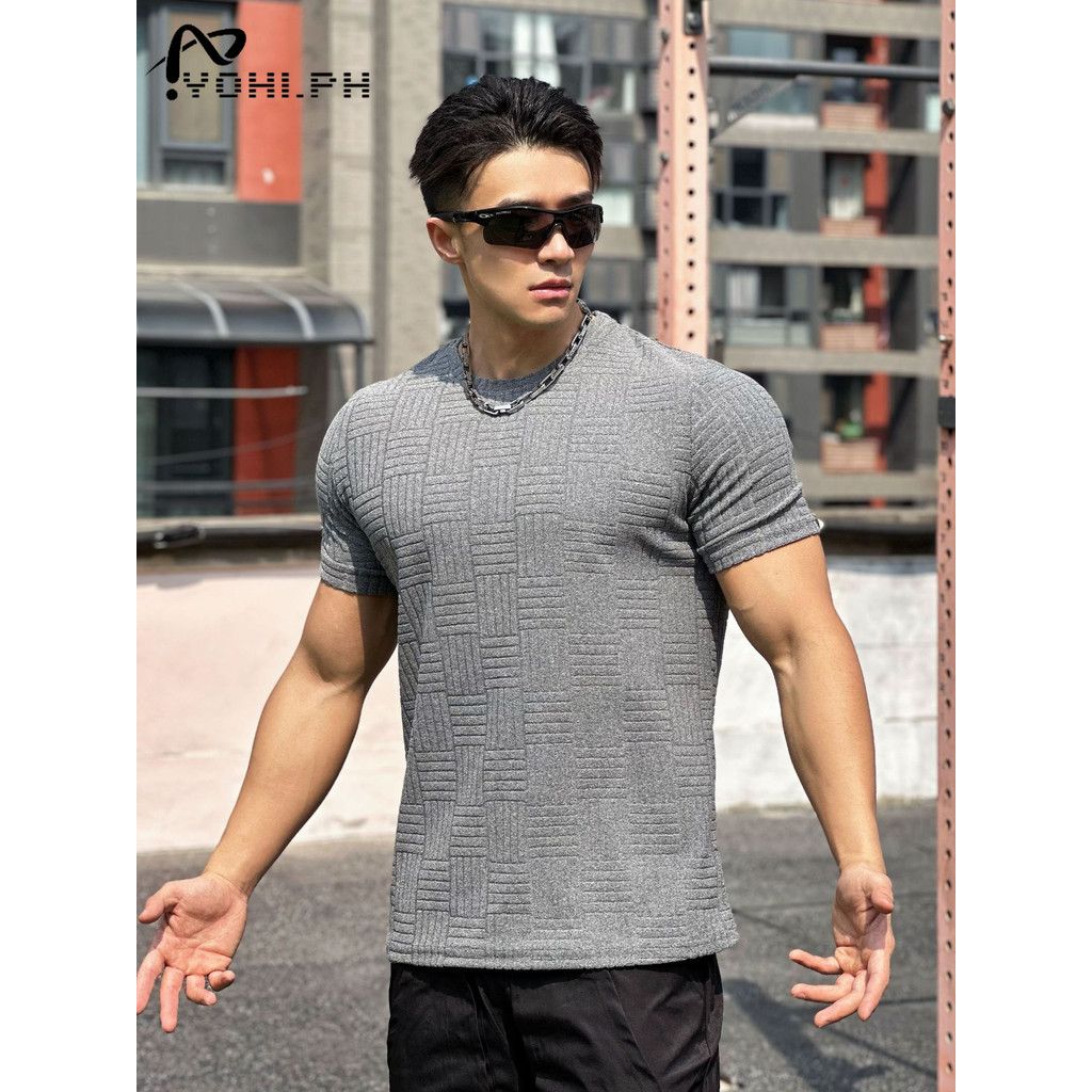 New Waffle Fashion Trend Collar Round tshirt for men Embossed Fabric - Image 6