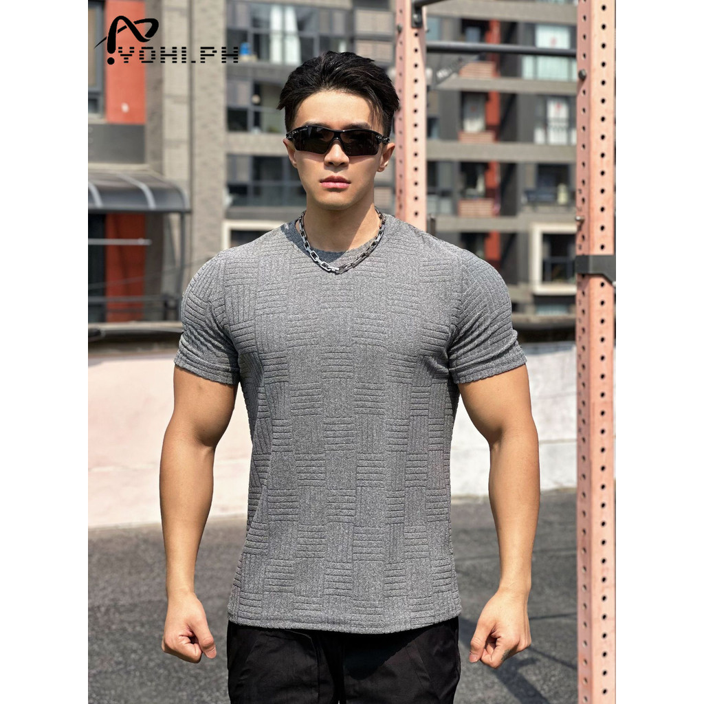 New Waffle Fashion Trend Collar Round tshirt for men Embossed Fabric - Image 5