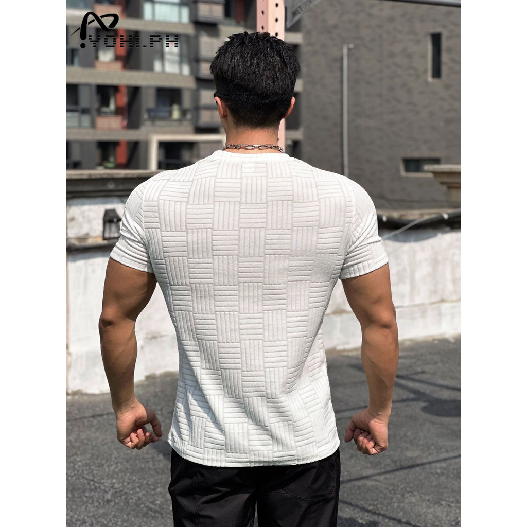 New Waffle Fashion Trend Collar Round tshirt for men Embossed Fabric - Image 4