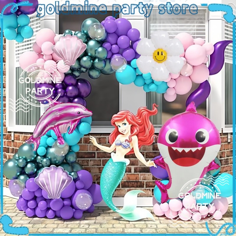 Ocean Baby Shark Balloon Garland Arch Kit Purple Number Foil Balloon Undersea Birthday Party Decorat