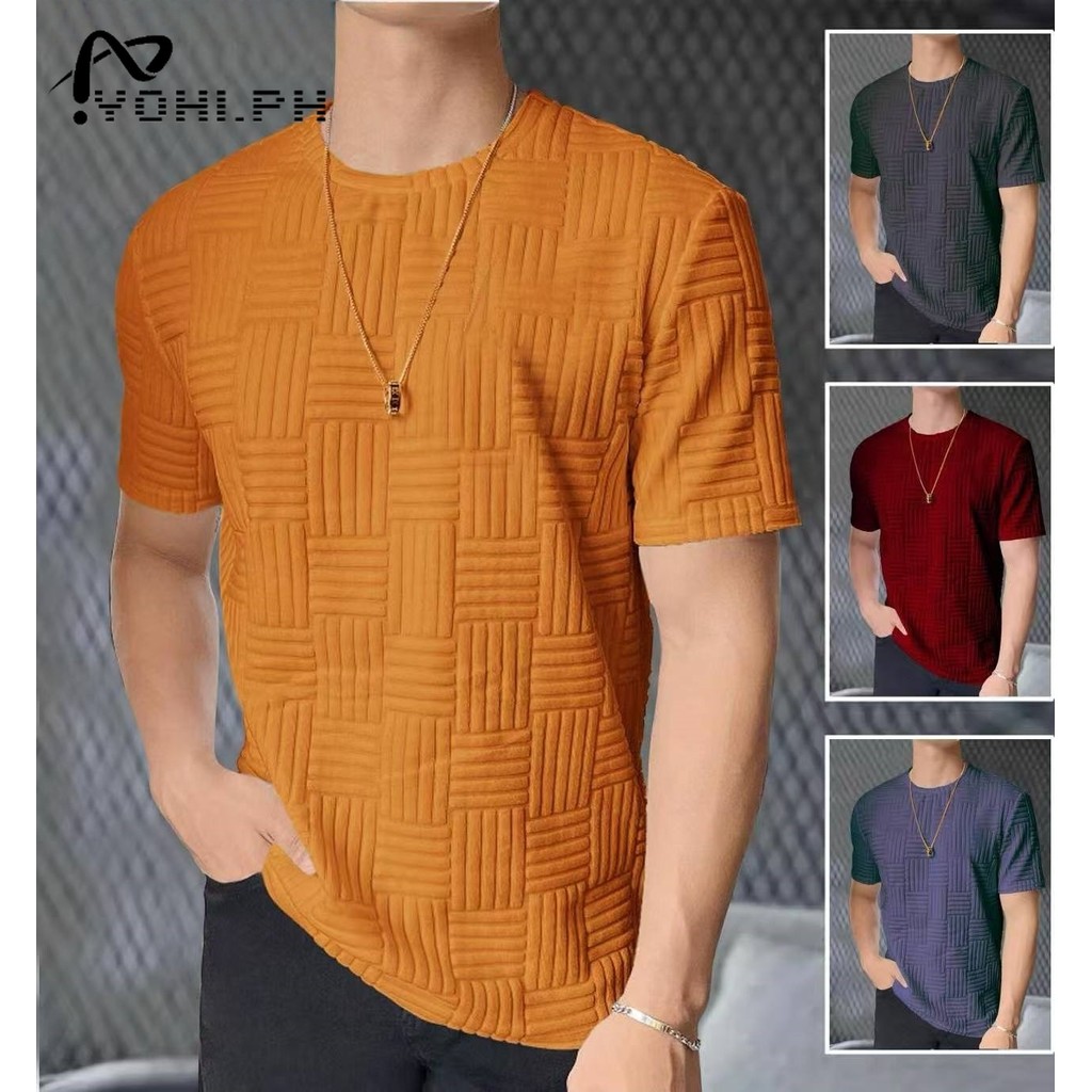 New Waffle Fashion Trend Collar Round tshirt for men Embossed Fabric