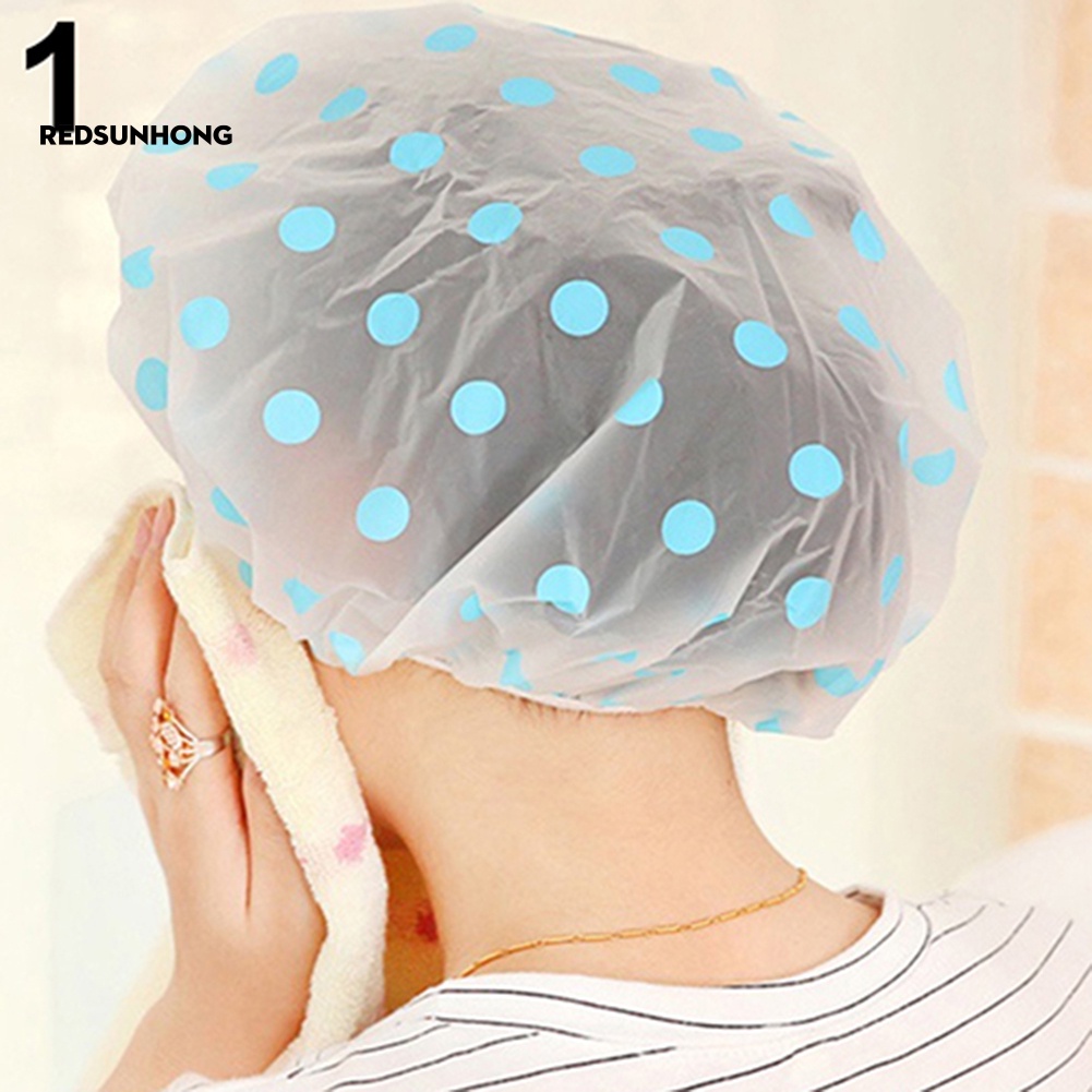 COD Lovely Dots Thickened Waterproof Transparent Shower Cap Bathroom Bathing Hat