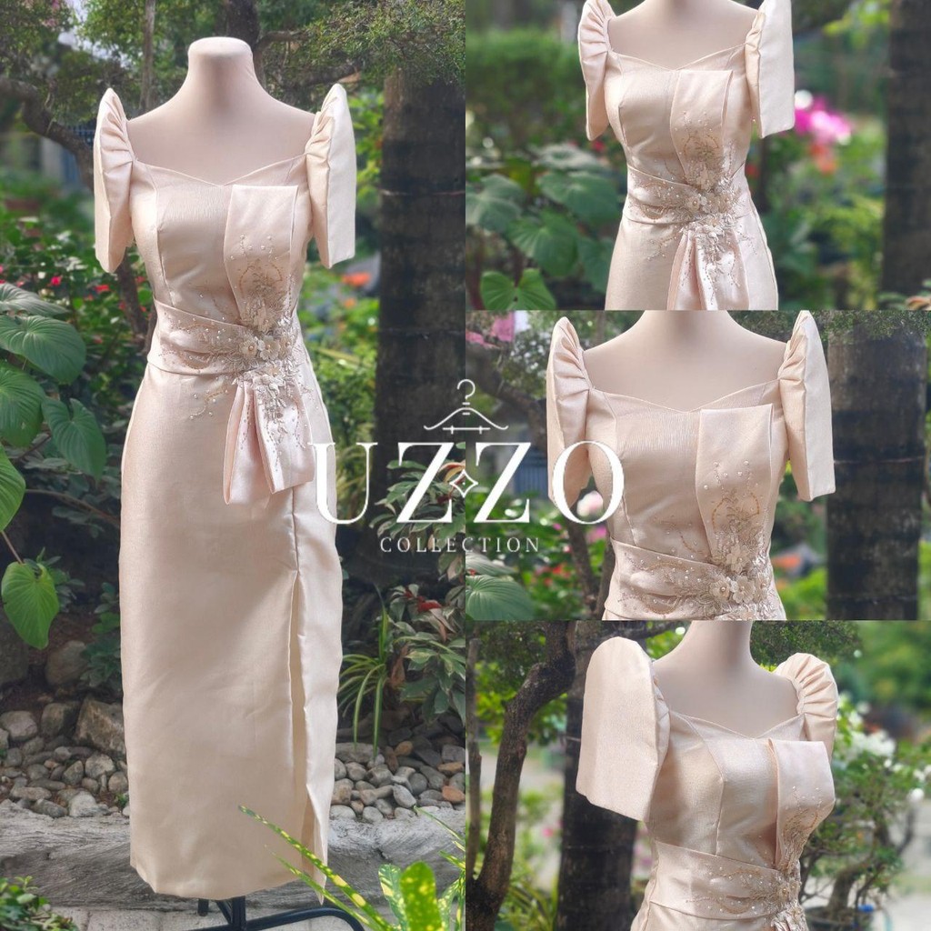 slim fit dress slacks ELLE SILK BROCADE FILIPINIANA DRESS