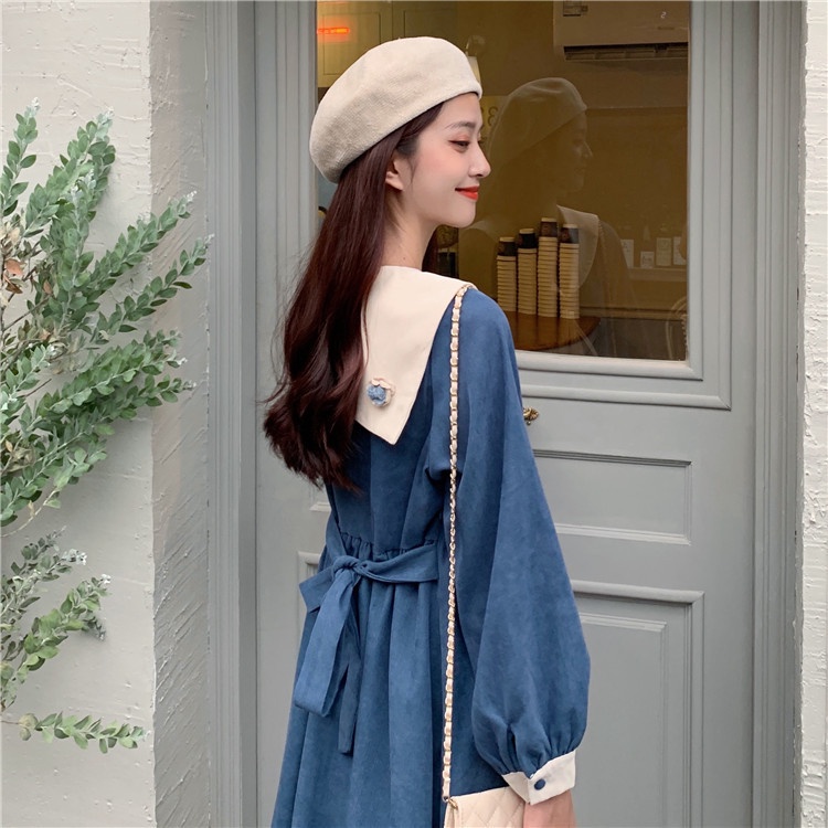 2023 Autumn Winter New Style Fat mm French Retro Navy Tie Slimmer Look Corduroy Age-Reducing Long Skirt Female MBEA