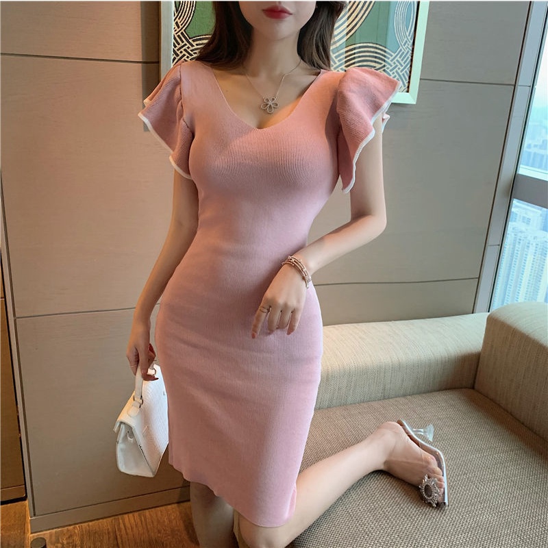 2023 Solid Color Skirt Women’s Summer Autumn Spring Age Reduction V-neck Flying Sleeve Slimming Slit Knit Dress