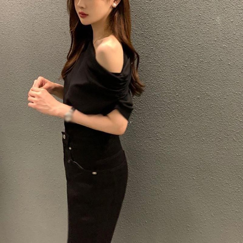 Women's T-shirt Short Sleeves Oblique Shoulder Fold Solid Color Irregular Loose Summer Tops#2684 — view 7