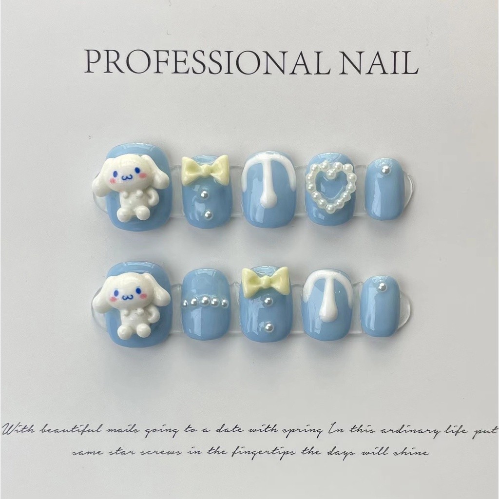 100% HANDMADE Short Round Artificial Nail Phototherapy Fake Nails Art Blue Cinnamoroll Wearing Nail Finished Products Dismantling Nail Art Patches