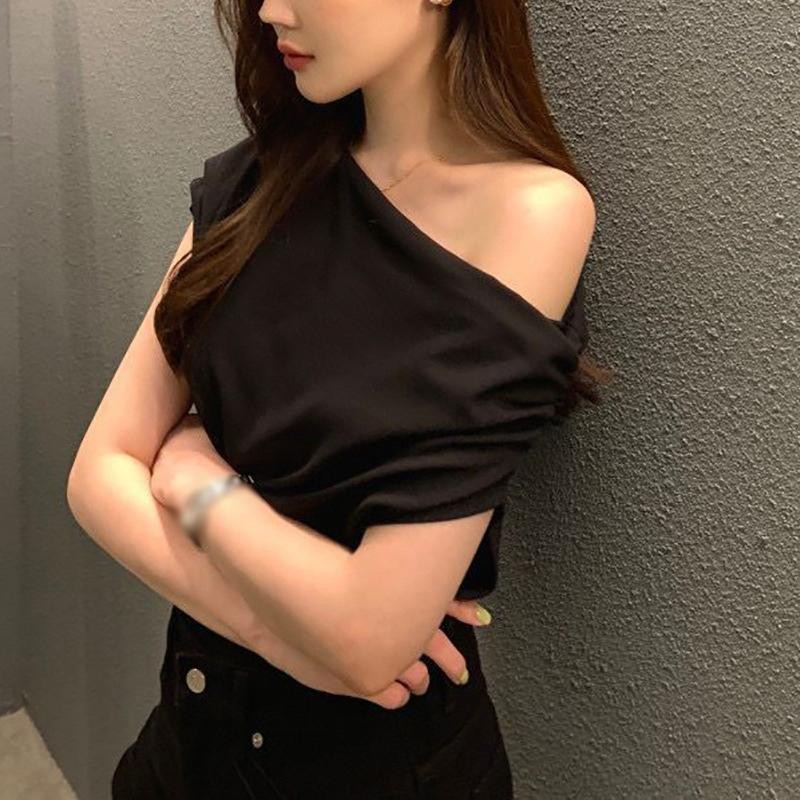 Women's T-shirt Short Sleeves Oblique Shoulder Fold Solid Color Irregular Loose Summer Tops#2684 — view 6
