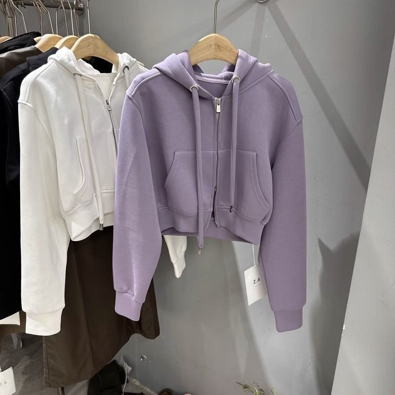 2024 Autumn New Hooded Collar Solid Color Simple and Short Zipper Cardigan Sweater Coat