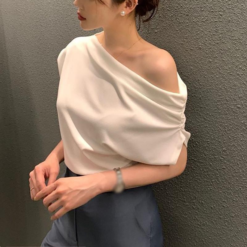 Women's T-shirt Short Sleeves Oblique Shoulder Fold Solid Color Irregular Loose Summer Tops#2684 — view 2