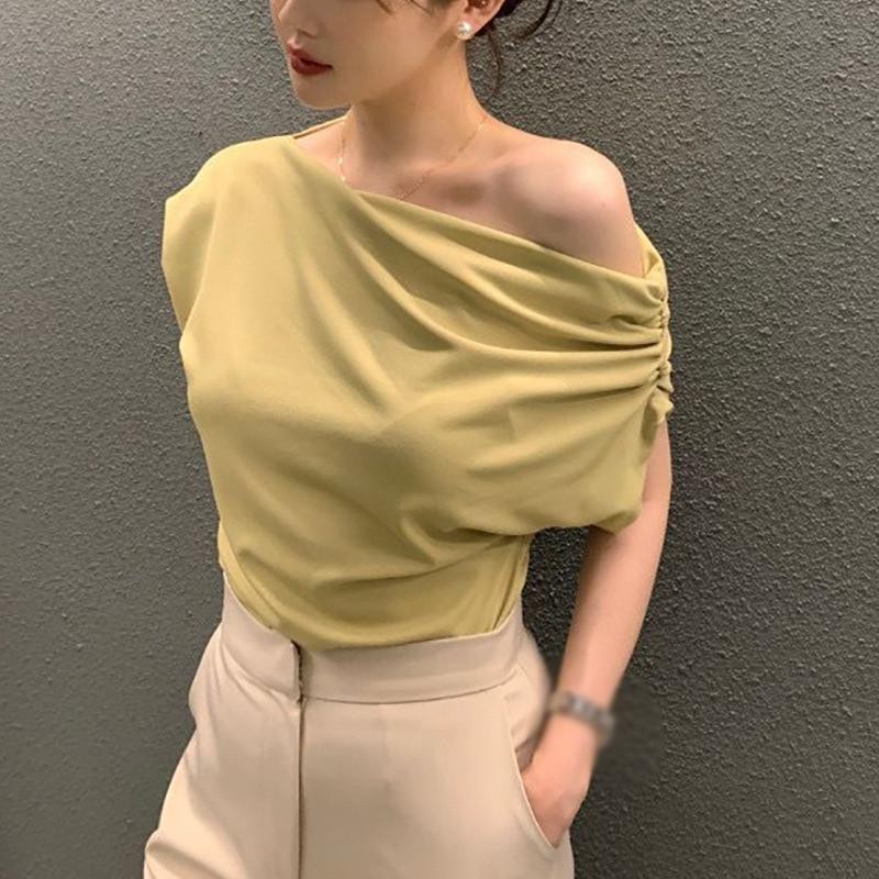 Women's T-shirt Short Sleeves Oblique Shoulder Fold Solid Color Irregular Loose Summer Tops#2684 — view 5
