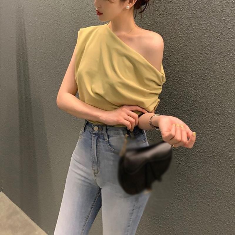 Women's T-shirt Short Sleeves Oblique Shoulder Fold Solid Color Irregular Loose Summer Tops#2684 — view 4
