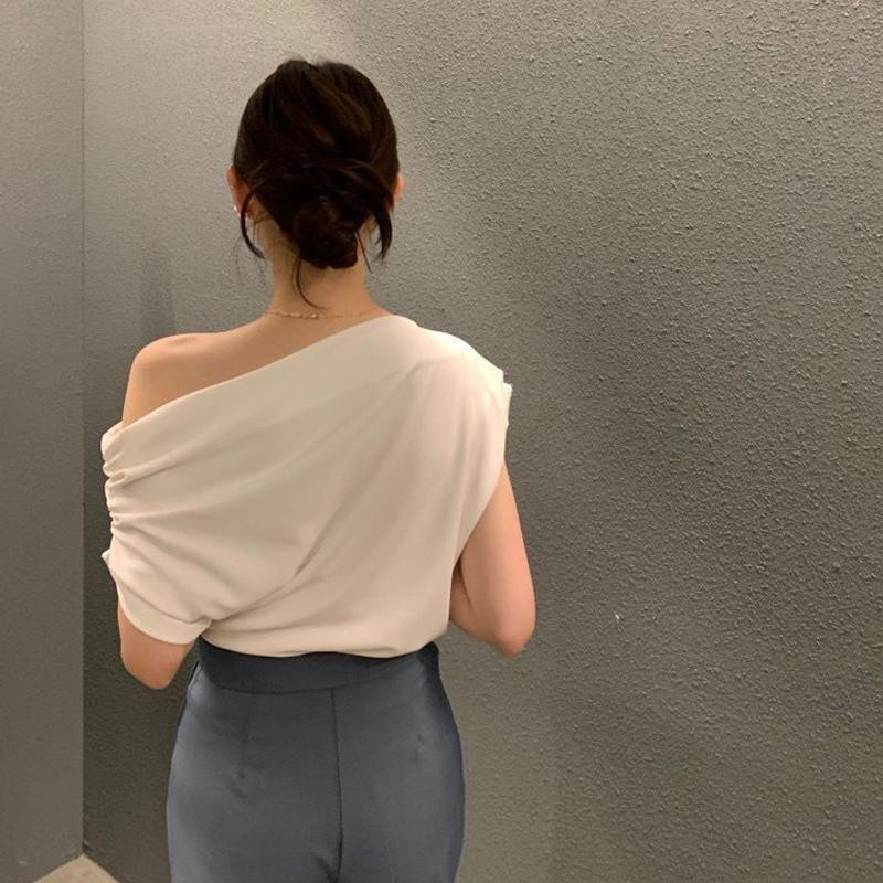 Women's T-shirt Short Sleeves Oblique Shoulder Fold Solid Color Irregular Loose Summer Tops#2684 — view 3