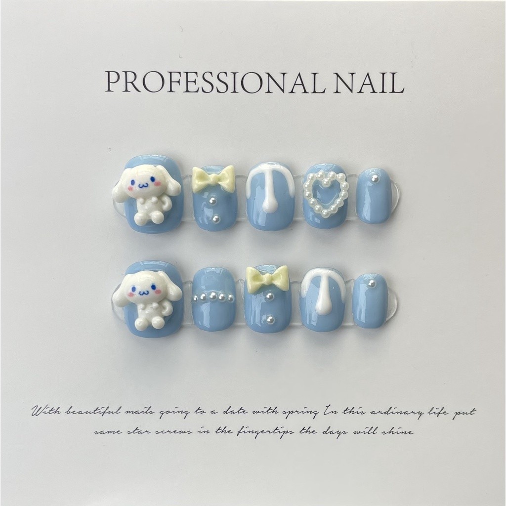 100% HANDMADE Short Round Artificial Nail Phototherapy Fake Nails Art Blue Cinnamoroll Wearing Nail Finished Products Dismantling Nail Art Patches