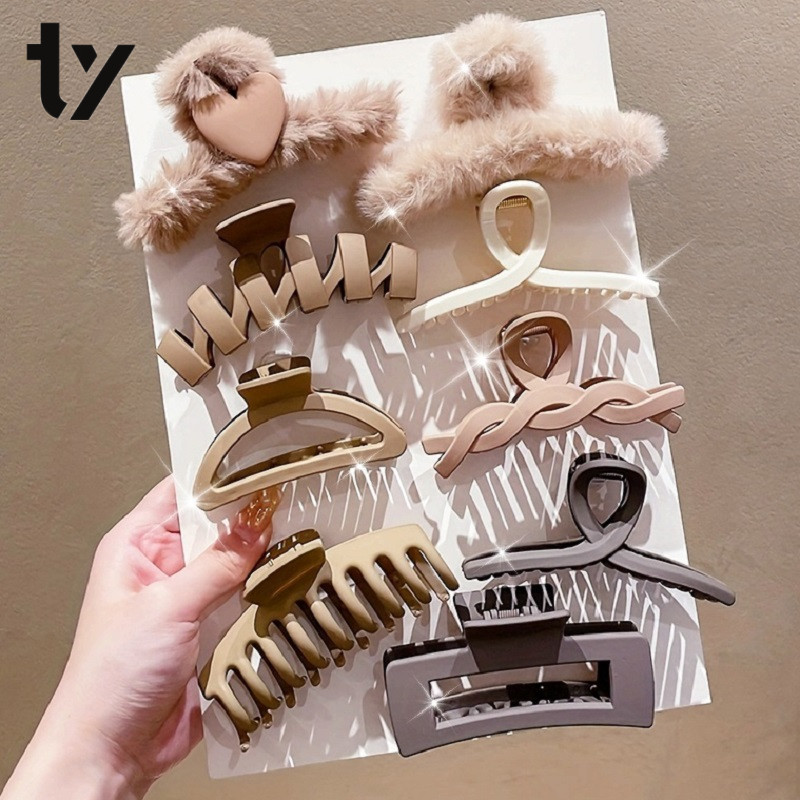 Winter Plush Large Claw Clip Khaki Transparent Hair Clamp High-end Sense Shark Clip Hair Accessories