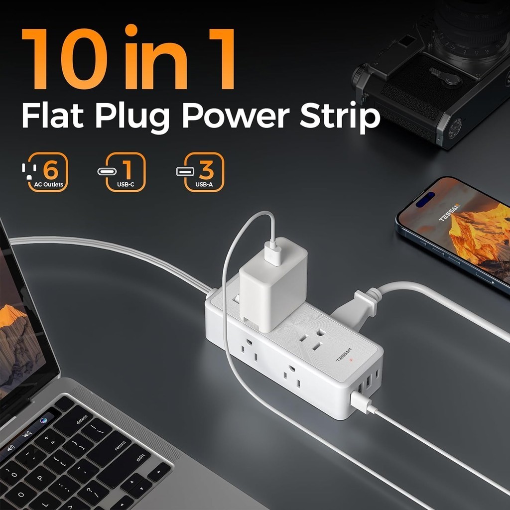 TESSAN Slim Flat Plug Power Strip with USB +Type C, Surge Protector, for Home/Office/Dorm/Travel - Image 3