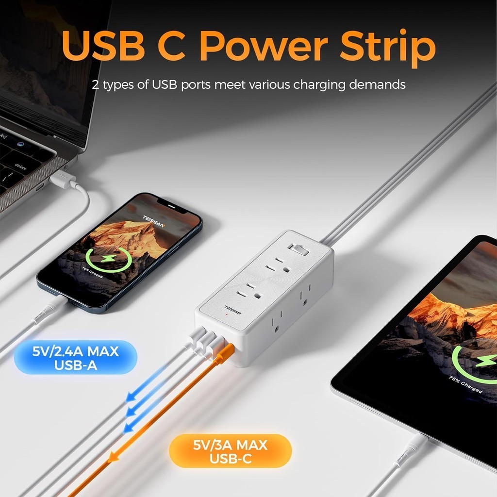 TESSAN Slim Flat Plug Power Strip with USB +Type C, Surge Protector, for Home/Office/Dorm/Travel - Image 5