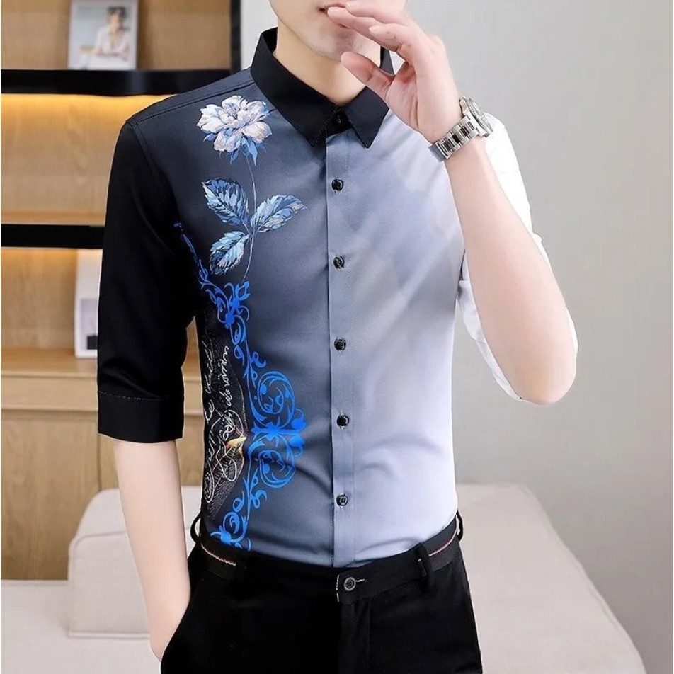 Gradient Color Men’s Short-Sleeve Shirts Korean Style Slim-Fit Handsome Non-Ironing Printed Casual Shirt