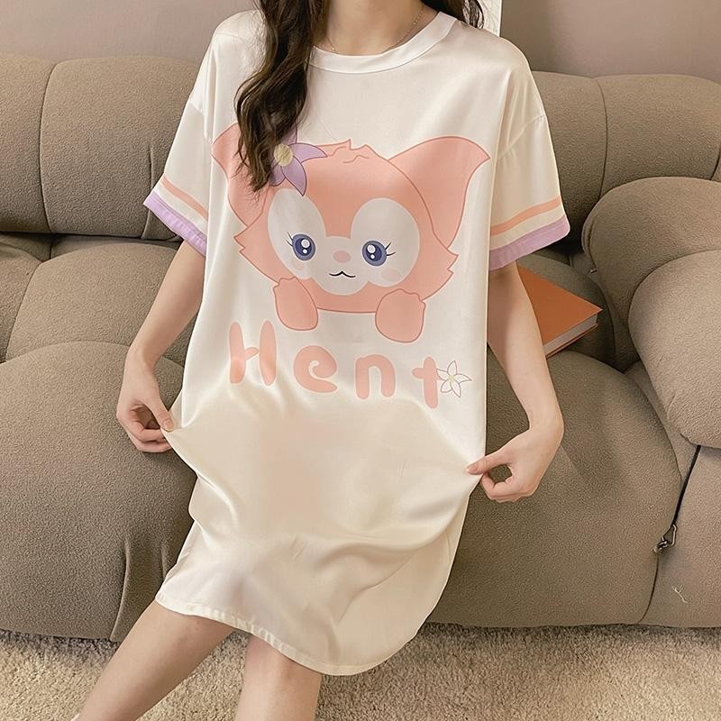 150kg Ice Silk Nightdress Women Summer Pajamas Half-Sleeved Cute Green Bear Thin Style Plus Size Style Homewear