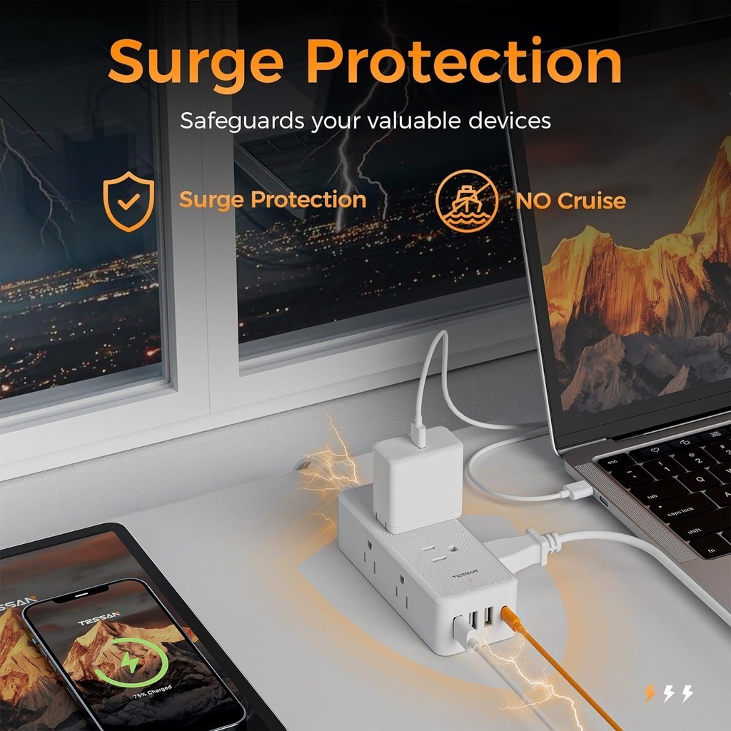 TESSAN Slim Flat Plug Power Strip with USB +Type C, Surge Protector, for Home/Office/Dorm/Travel - Image 4