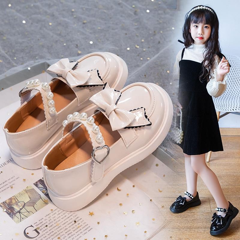 JINTOHO 2024 New Girl Leather Shoes Spring Fashion Beaded Flower Kids Princess Bow Shoes Flat Heels Children’s Dresses Shoe Size 27-37