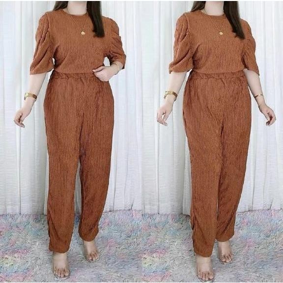 6972-Trendy Plus Size Puff Sleeves BarkCrepe Terno Pants For Women(M-XL) — view 5
