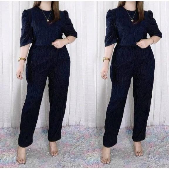 6972-Trendy Plus Size Puff Sleeves BarkCrepe Terno Pants For Women(M-XL) — view 7