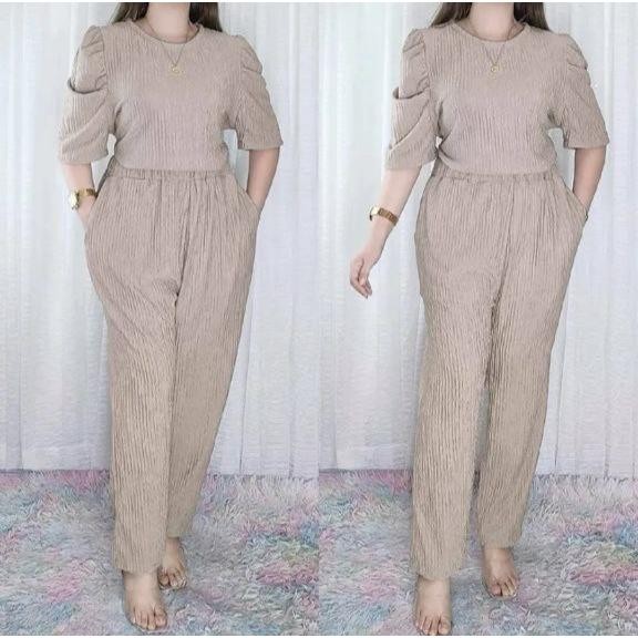 6972-Trendy Plus Size Puff Sleeves BarkCrepe Terno Pants For Women(M-XL) — view 6