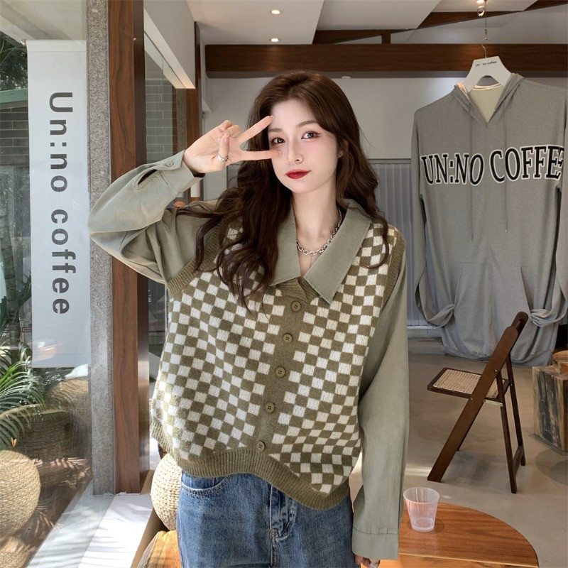 2024 Autumn Checkerboard Plaid Fake Two-Piece Stitching Knitted Shirt Women Niche Chic Inner Top FYPV