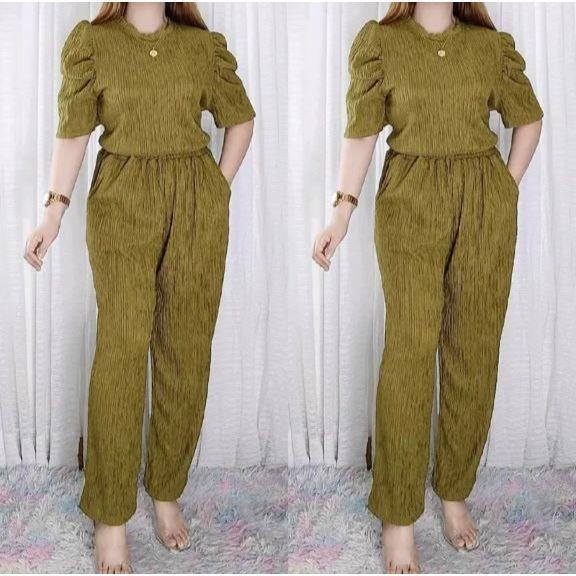 6972-Trendy Plus Size Puff Sleeves BarkCrepe Terno Pants For Women(M-XL) — view 4