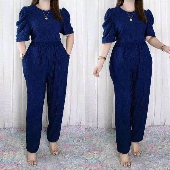 6972-Trendy Plus Size Puff Sleeves BarkCrepe Terno Pants For Women(M-XL) — view 3