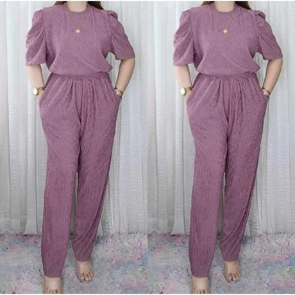 6972-Trendy Plus Size Puff Sleeves BarkCrepe Terno Pants For Women(M-XL) — view 2