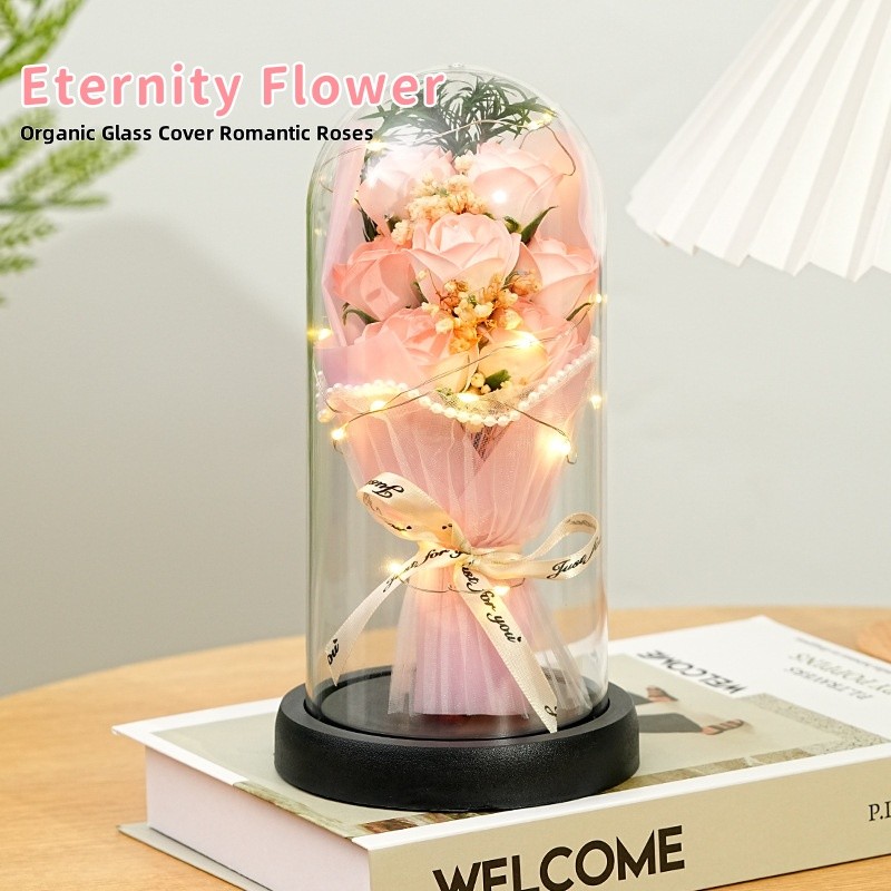 Artificial Rose Flower Acrylic Glass Cover Dome Eternal Bouquet LED Light Valentine Girlfriend Gift - Image 5
