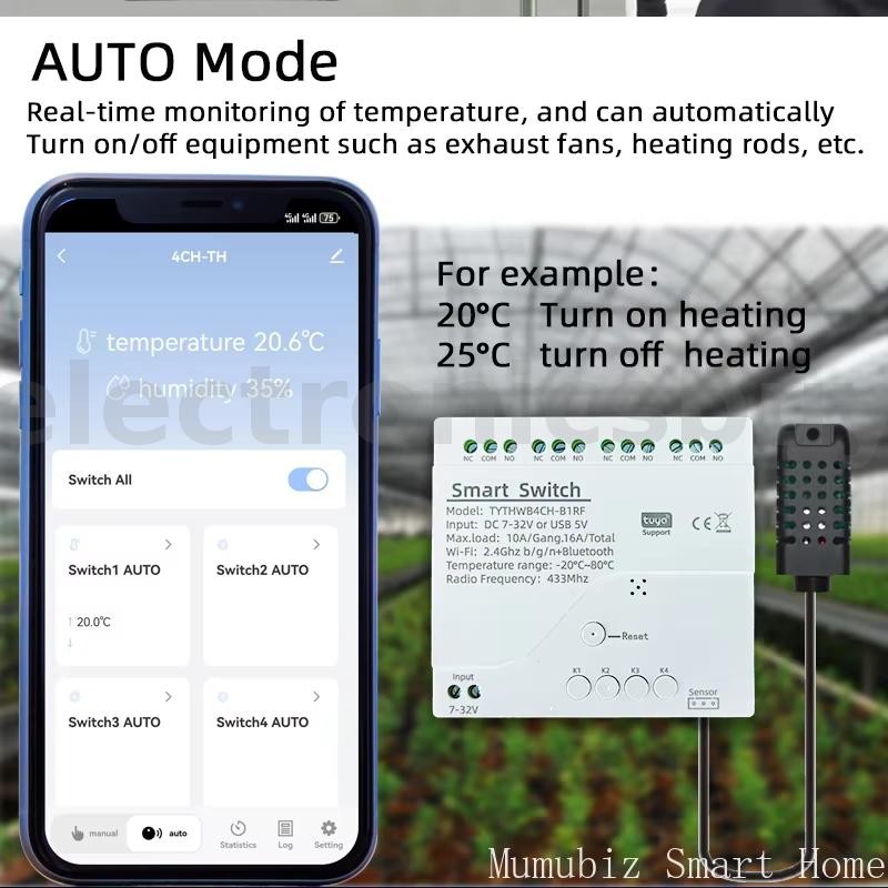 TYW0 4ch-RF Tuya Smart 4CH WiFi Smart Relay Switch 10A 3500W Temperature Humidity Sensor Voice Control with Alexa Google Home Smart Home Automation Remote Control AC/DC 7-32V  — view 4