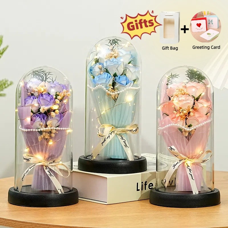Artificial Rose Flower Acrylic Glass Cover Dome Eternal Bouquet LED Light Valentine Girlfriend Gift