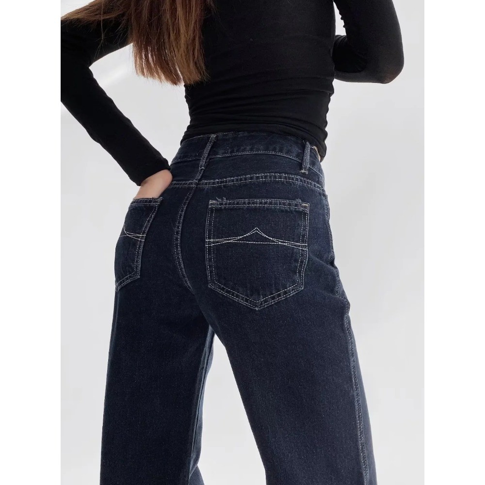 2024 autumn new dark blue straight tube women low waist slimming primary color loose narrow version of wide-leg jeans