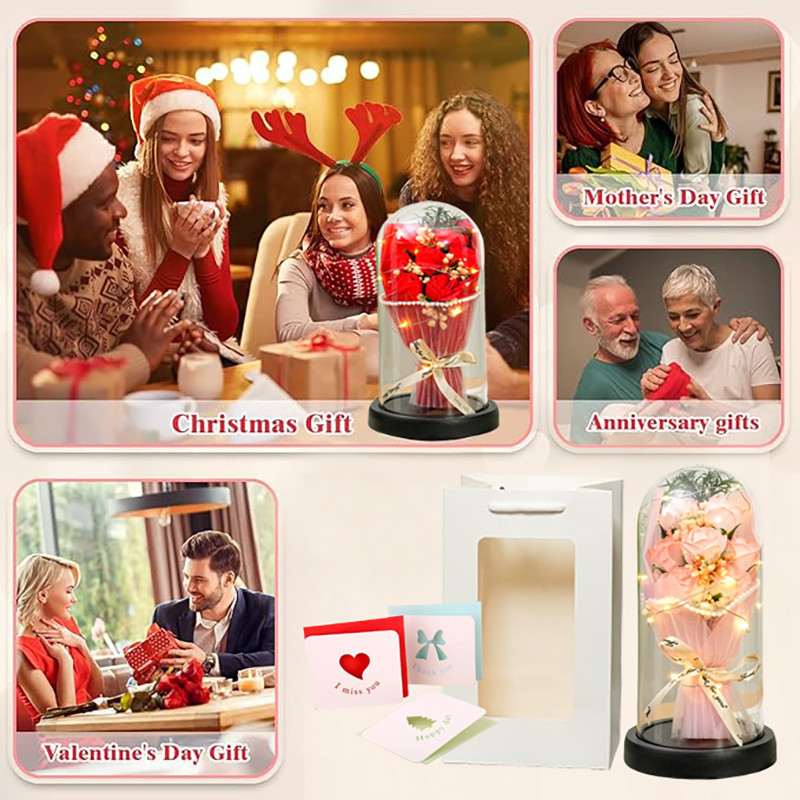 Artificial Rose Flower Acrylic Glass Cover Dome Eternal Bouquet LED Light Valentine Girlfriend Gift - Image 6